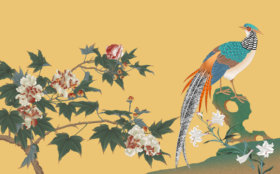 芙蓉锦鸡图手绘工笔画