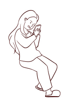 弯腰塌肩坐着玩手机的女士简笔画