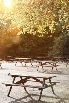 公园里的野餐椅和桌子
