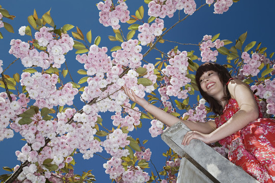 樱花树下的年轻女性