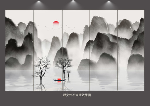 新中式水墨山水背景墙壁画装饰画