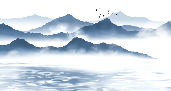 手绘蓝色意境淡雅中式山水画