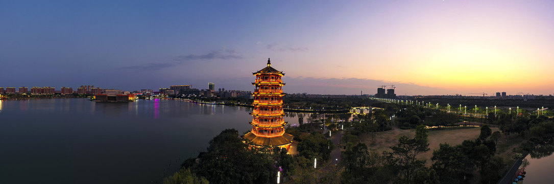 航拍中国东莞华阳湖湿地公园夜景