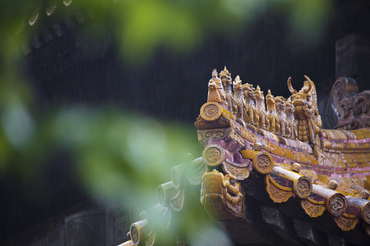 夏日雨中的故宫宫殿屋檐脊兽