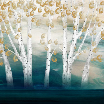 树林油画桦树手绘装饰画欧美