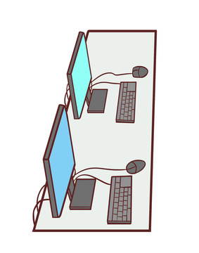 手绘放一排电脑的网吧场景插画