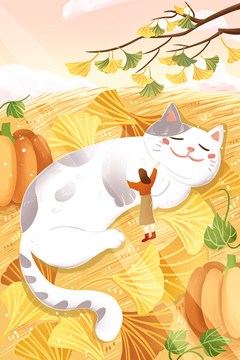 秋日插画银杏叶和猫