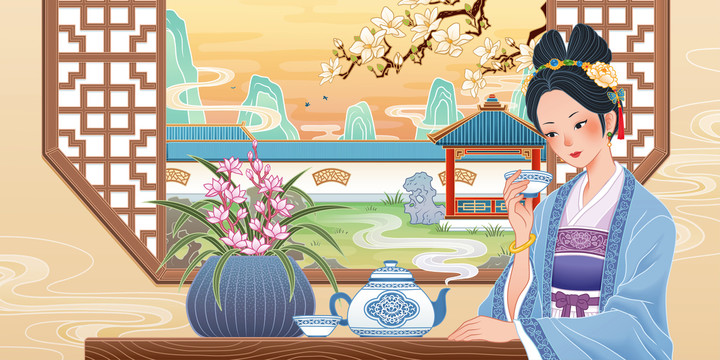 东方古典美人饮茶园林背景插图