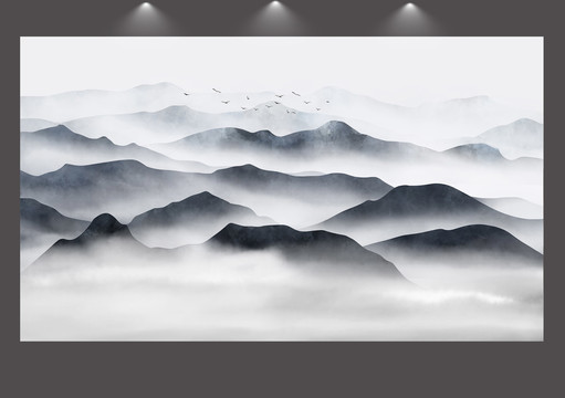 新中式意境云雾山水背景墙壁画