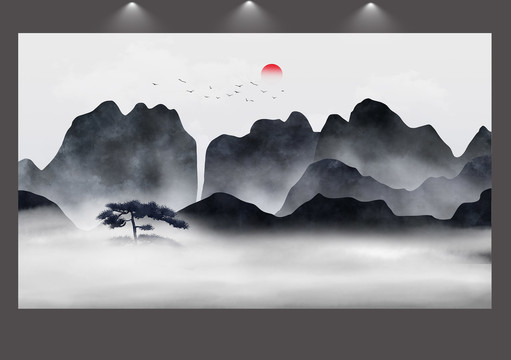 意境新中式云雾山水背景墙壁画