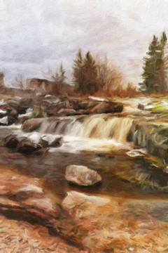 小瀑布油画