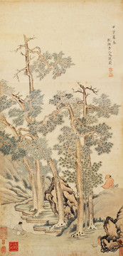 文从简松下听泉图