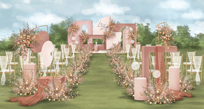 莫兰迪粉色户外婚礼舞台设计