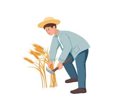 手绘秋季丰收农民收割麦子场景