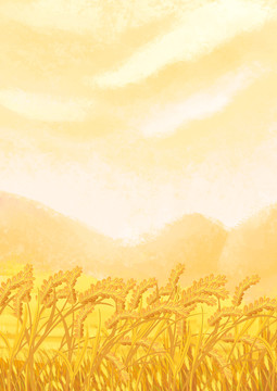 手绘写实秋天小麦成熟丰收场景