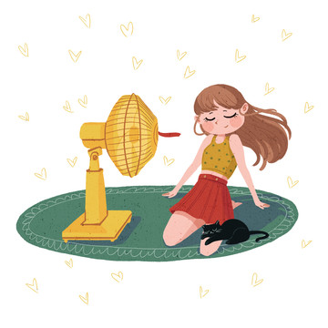 手绘插画吹电风扇的可爱女孩和猫