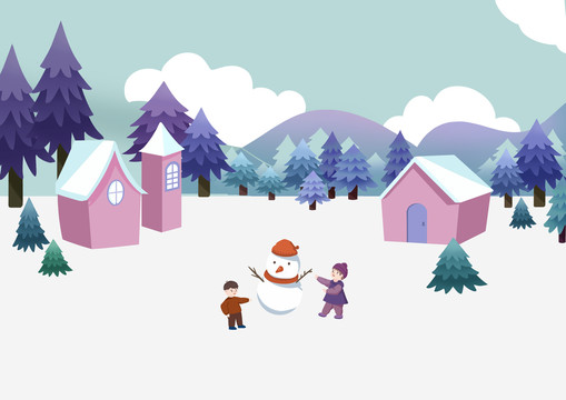 冬季房屋前孩子们堆雪人场景插画