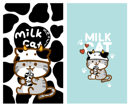 原创手绘牛奶猫咪手机壳图案