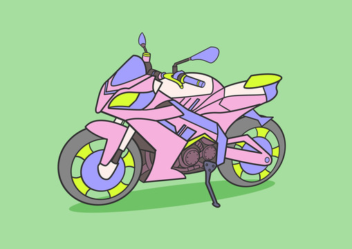 粉紫色扁平卡通风格摩托车插画