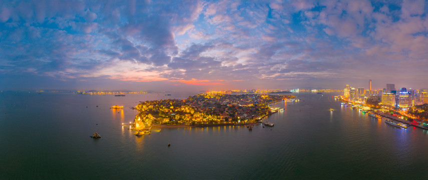 鼓浪屿黄昏夜景航拍风光