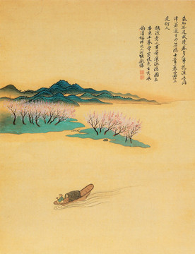 恽南田春色桃花泛舟图