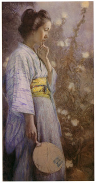 吉田博月见草和浴衣的女人