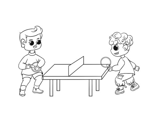 卡通打乒乓球的两个男孩简笔画