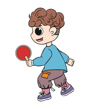 蓝色卡通打乒乓球的男孩插画
