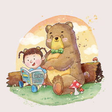 读书的小女孩与熊
