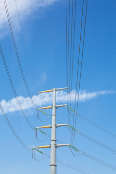 电力电网设施蓝天白云下的电线杆
