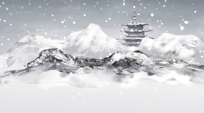 冬季雪景山水画