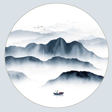 圆形水墨山水挂画