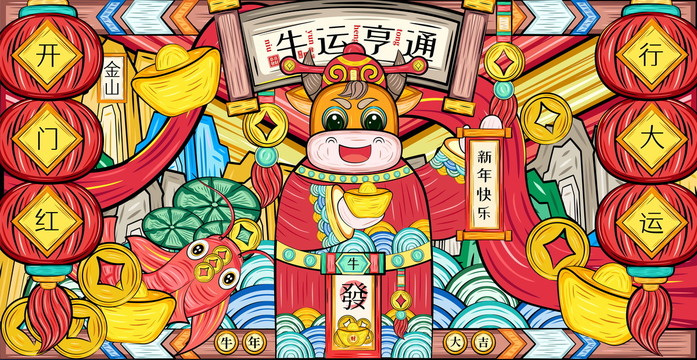 国潮牛年财神牛插画