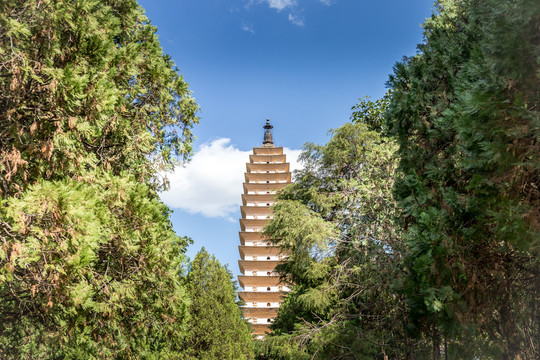 蓝天白云下的大理崇圣寺三塔景观