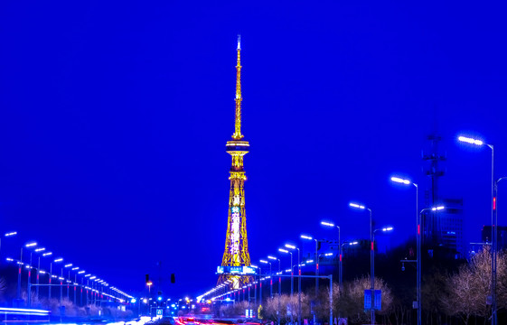 夜幕中的大庆电视塔灯光璀璨