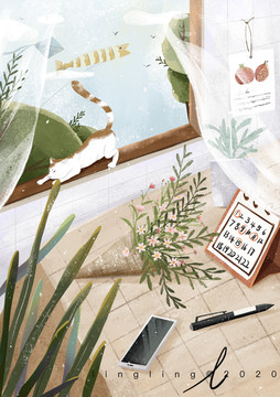 卧室猫花束植物日历插画
