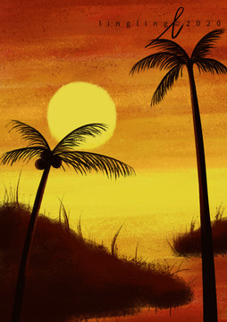 夕阳光影椰树手绘