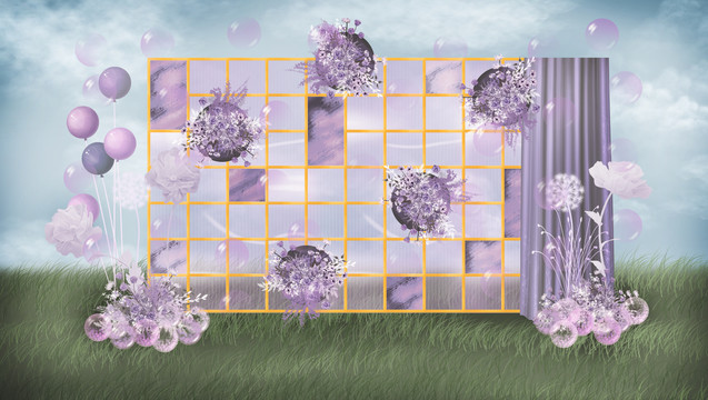 紫色户外婚礼手绘合影区效果图