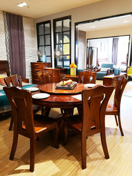 中式实木圆桌椅组合