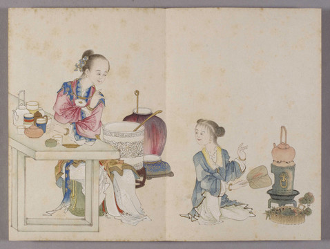 喻兰仕女清娱图品茗