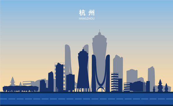 杭州剪影地标建筑风光元素手绘
