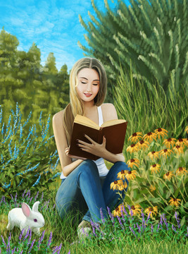 花园看书的女孩