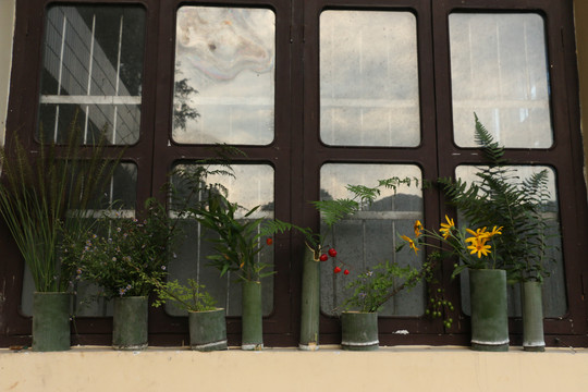 窗台上的竹筒插花