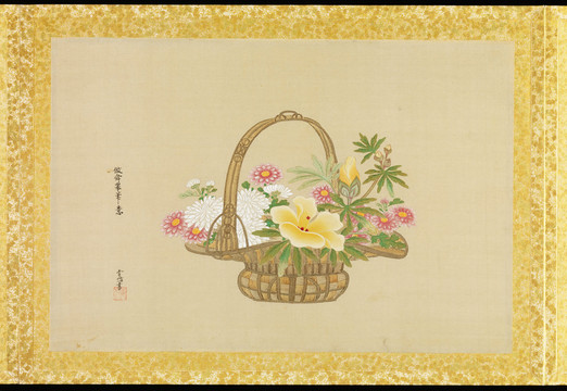 狩野长信仿宋元笔意钱选竹篮花卉画