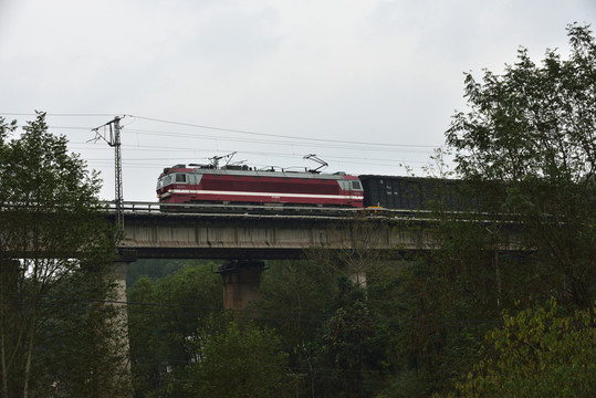 桥上行驶的货运列车