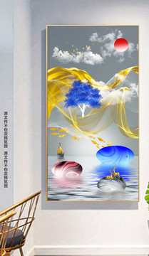 新中式水墨线条山水玄关装饰画