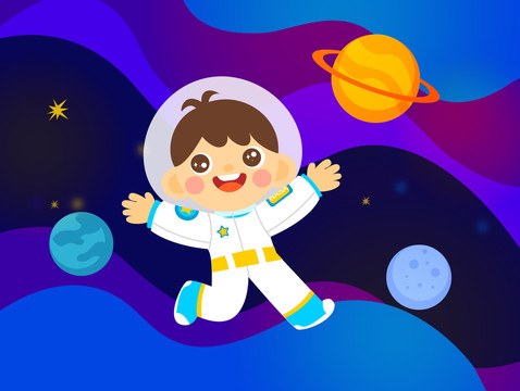 卡通矢量男孩穿着宇航服在太空遨