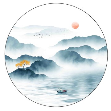 中式圆形山水画