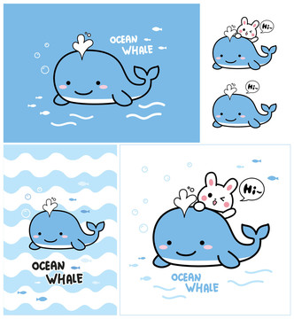 原创手绘简笔画鲸鱼小白兔插画