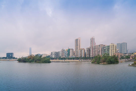 澳门城市建筑天际线和滨海风光